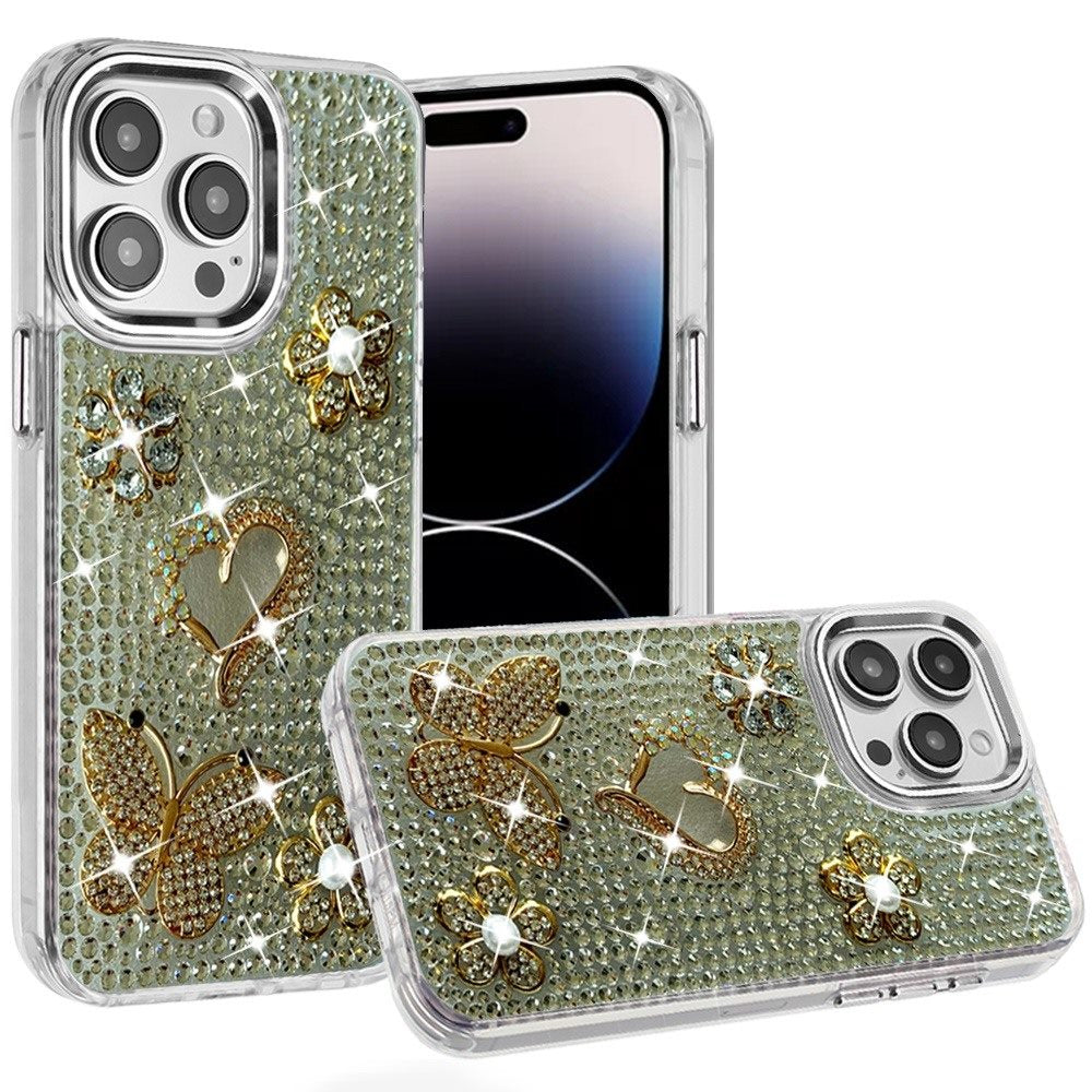 Phone Case for Apple iPhone 14 Pro Max Luxury Crystal Butterfly Floral Jeweled Heart Full Diamond Design, Sparkling Decorative Details, Elegant Style Cover Silver