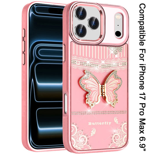 Phone Case for Apple iPhone 17 Pro Max Glitter Bling Butterfly Stand Metallic Edge Hybrid Shockproof Grip Durable Camera Protection Stylish Design Cover Light Pink