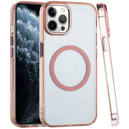 For Apple iPhone 11 Pro Max Transparent Back Hybrid Case - Magnetic Circle, Color Frame, Metal Buttons, MagSafe Compatible Case Cover