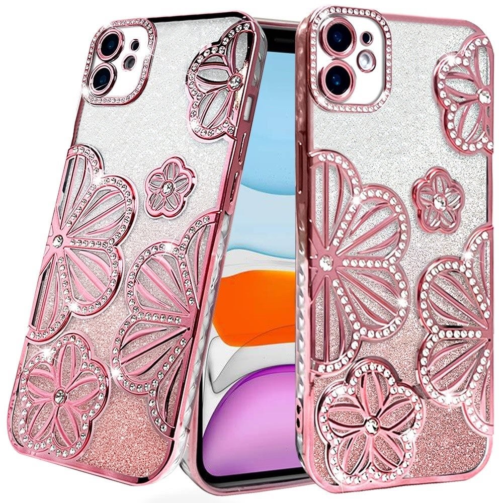 Phone Case for Apple iPhone 11 Shimmer Glitter Floral Thick TPU Shockproof Durable Grip Camera Protection Anti-Scratch Stylish Design Cover Rose Gold
