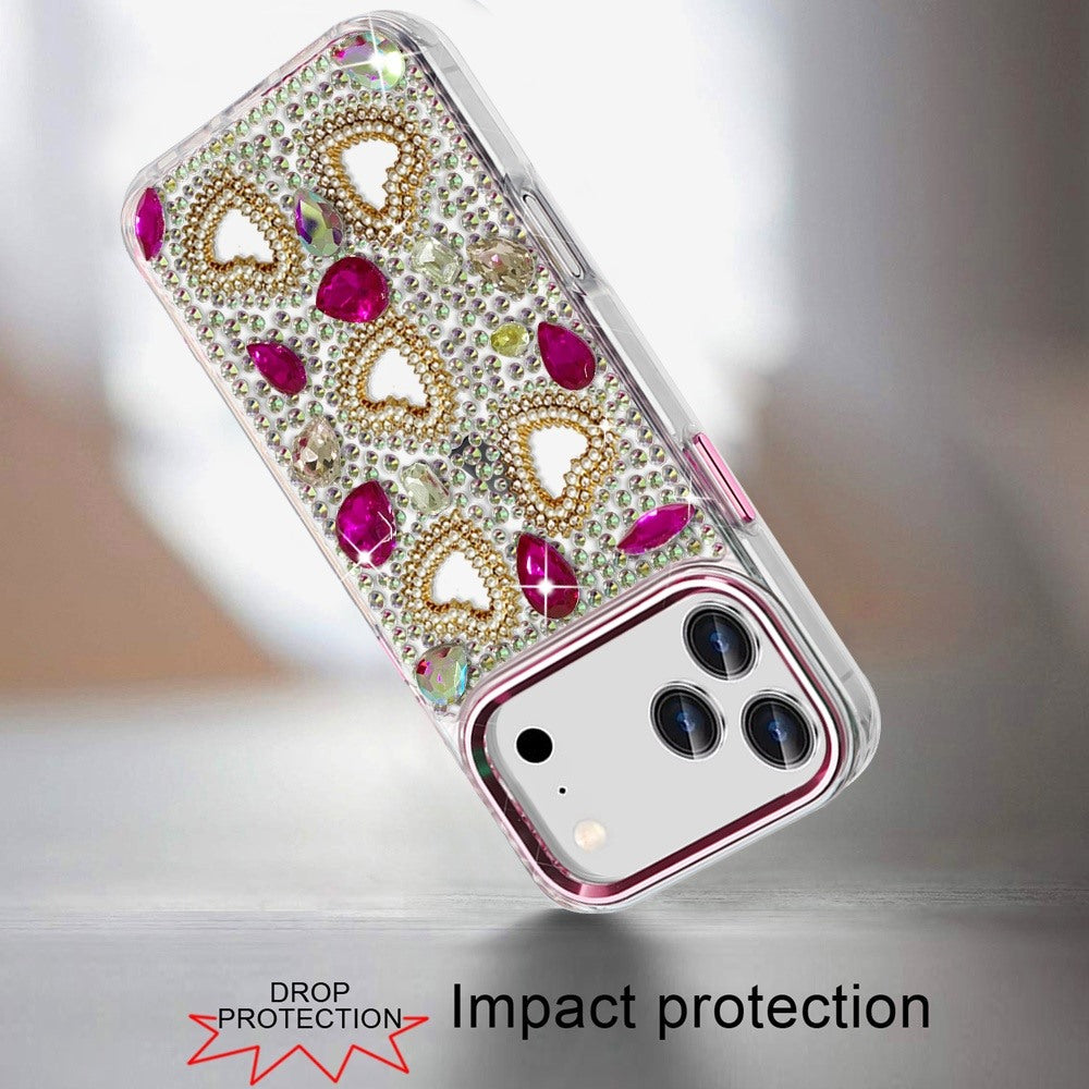Phone Case for Apple iPhone 18 Pro Luxury Crystal Heart Rhinestone Diamond Bling Shockproof Hybrid Glitter Protective Stylish Durable Grip Cover