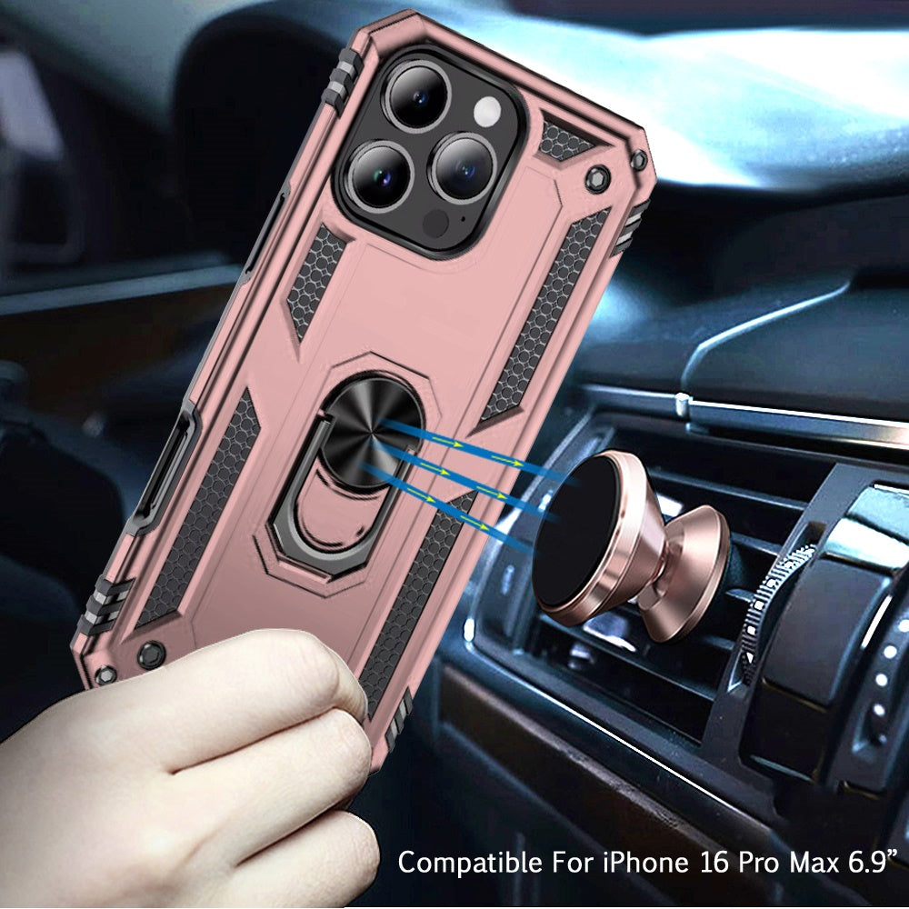 For iPhone 16 Pro Max (6.9") Hybrid Shockproof Durable 360 Degree Rotatable Ring Stand Holder Kickstand Fit Magnetic Car Mount Case Cover