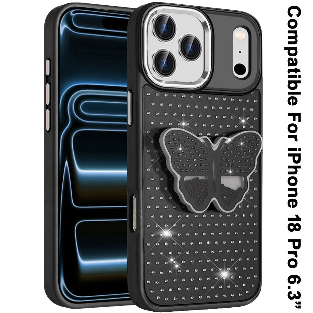 Butterfly Grip Pop Stand Diamond Sparkle Hybrid Shockproof Metal Button Slim Protective Grip Decorative Design