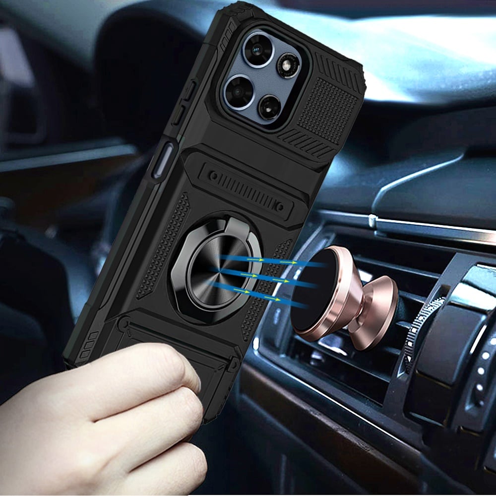 For Motorola Moto G 5G 2026/2025 2X Card Slot Metal Ring Stand Hybrid Shockproof Heavy Duty Drop Protection Multi Functional Design Case Cover Red