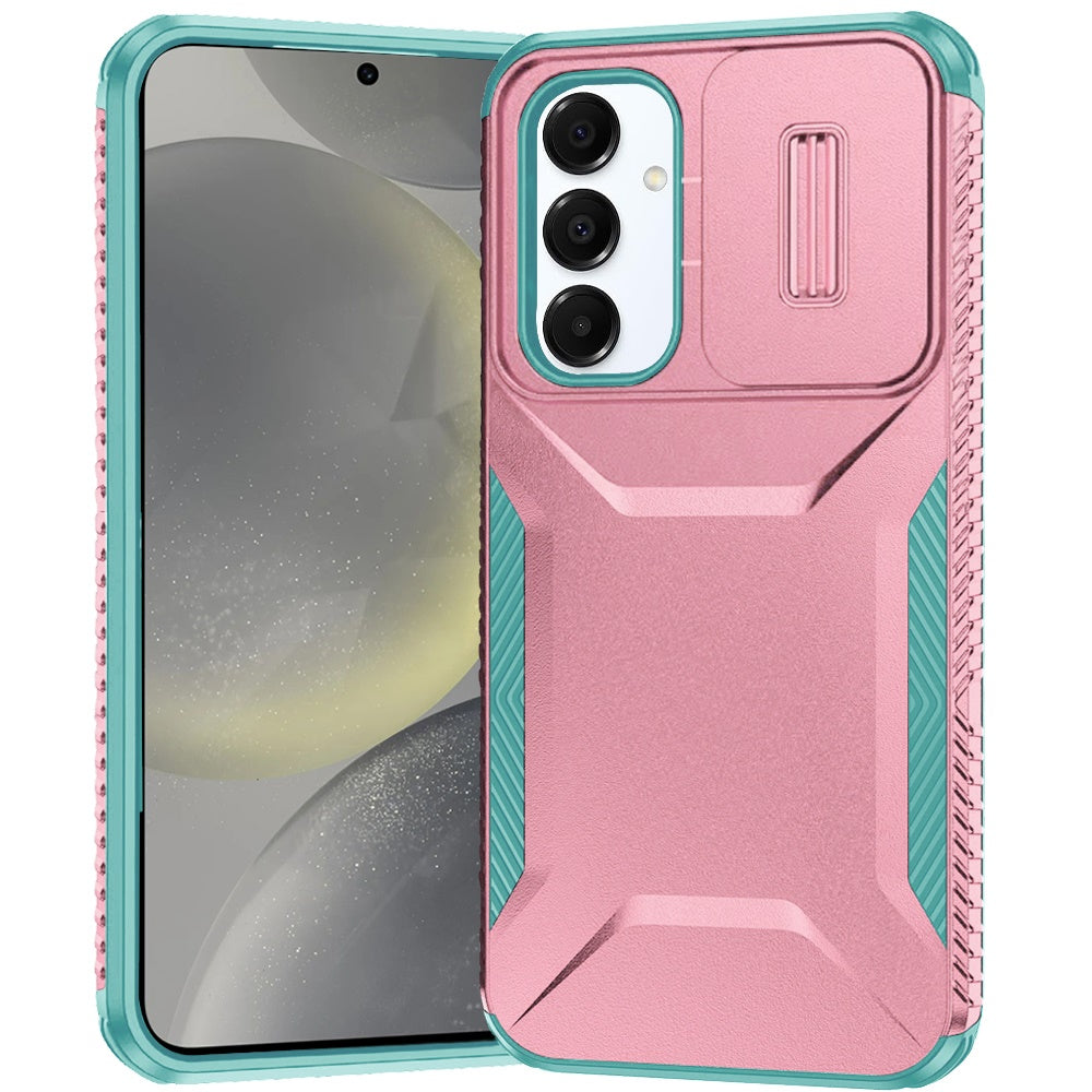For Samsung Galaxy S25 Plus /S25+ /S24/Plus Slim Fit Shockproof Hybrid with Slide Camera Window Covering, Rugged Tpu Silicone Hard PC Bumper Case Cover Pink-Teal