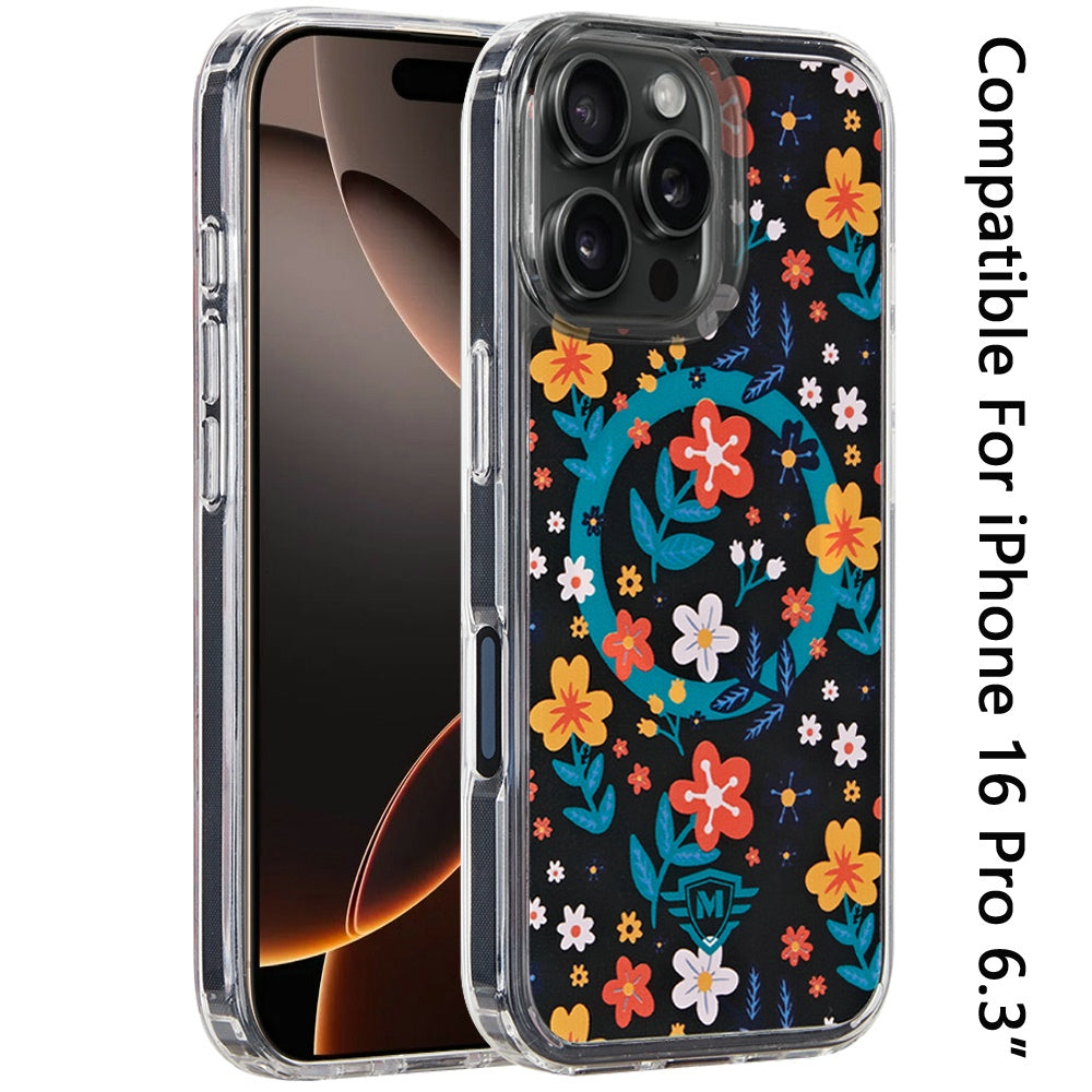 For Apple iPhone 16 Pro Cute Fashion Pattern Design, Durable Shockproof Slim TPU Hard Back, MagSafe Compatible Case Cover Nightly Floral