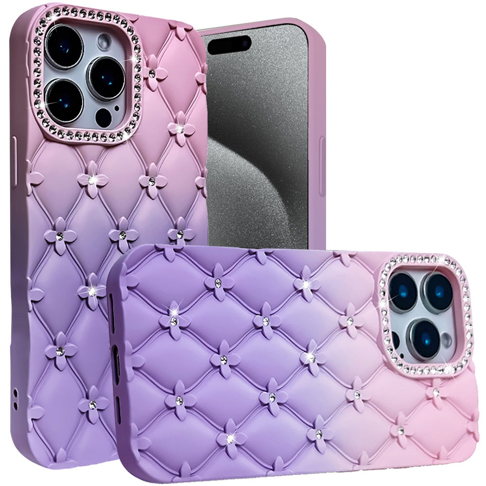 For Apple iPhone 15 Pro Max Fashion Flower Design Sparkle Glitter Shimmer Rhinestone Bling Floral Accents, Leather Texture TPU Case Cover