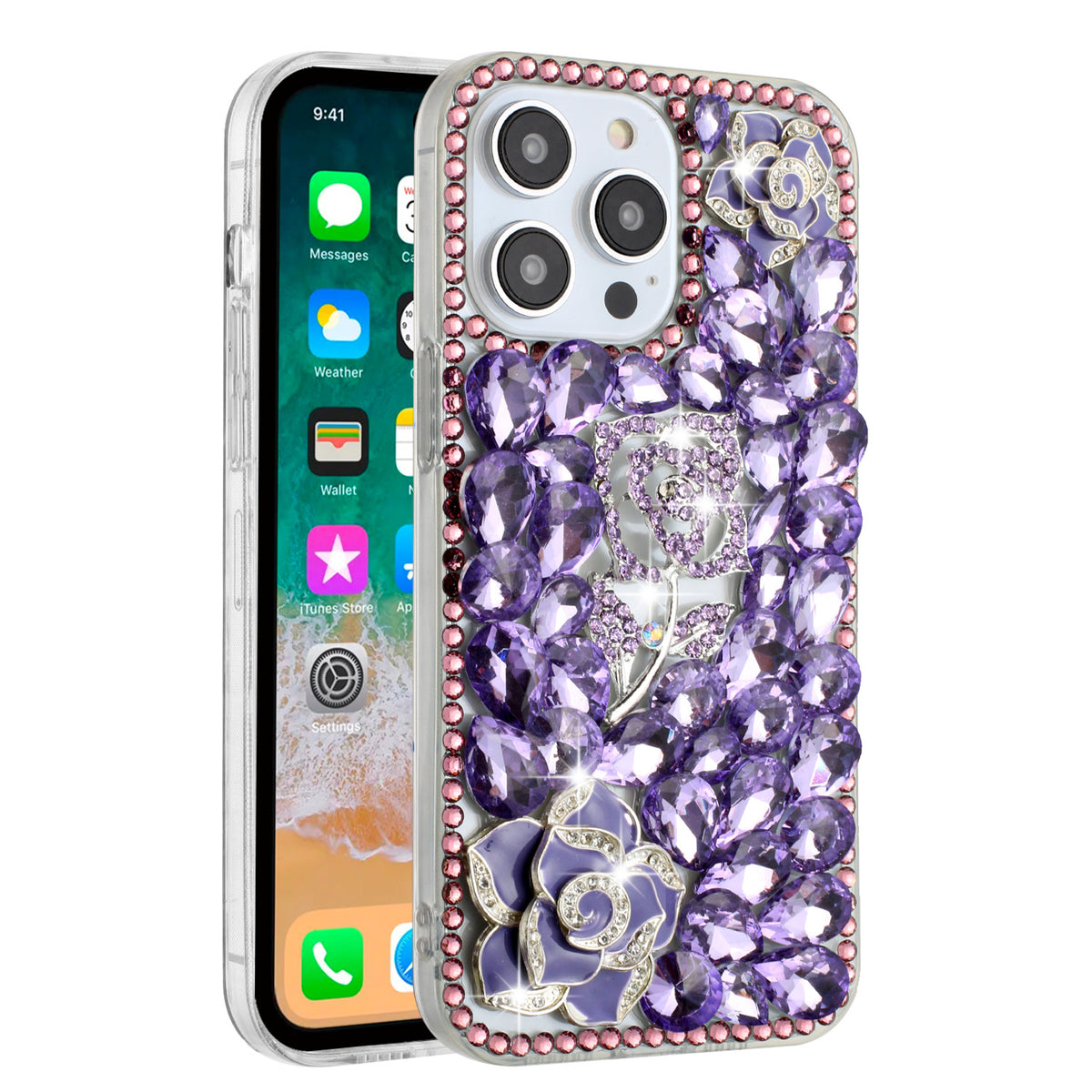 Phone Case for iPhone 15 3D Floral Diamond Bling Glitter Luxury Sparkle Hybrid Stylish Rhinestone Shockproof Protective Designer Cover Purple