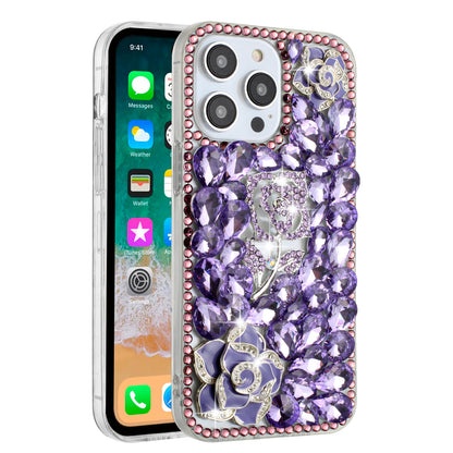 Phone Case for iPhone 15 3D Floral Diamond Bling Glitter Luxury Sparkle Hybrid Stylish Rhinestone Shockproof Protective Designer Cover Purple