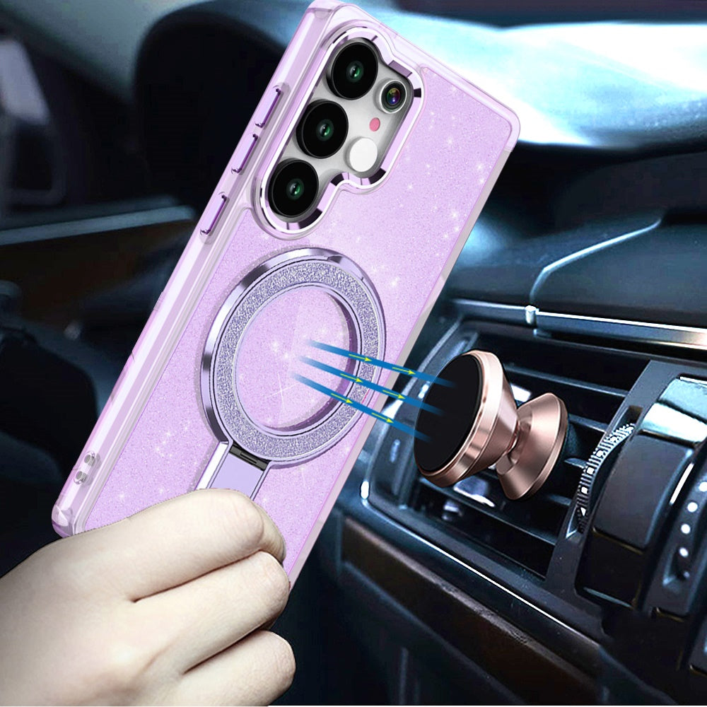 For Samsung Galaxy S25 Ultra Transparent Glitter Bling Case with Rotating Magnetic Ring Stand, Shockproof Hybrid Case Cover