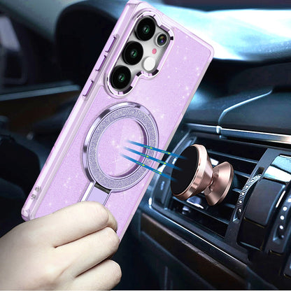 For Samsung Galaxy S25 Ultra Transparent Glitter Bling Case with Rotating Magnetic Ring Stand, Shockproof Hybrid Case Cover