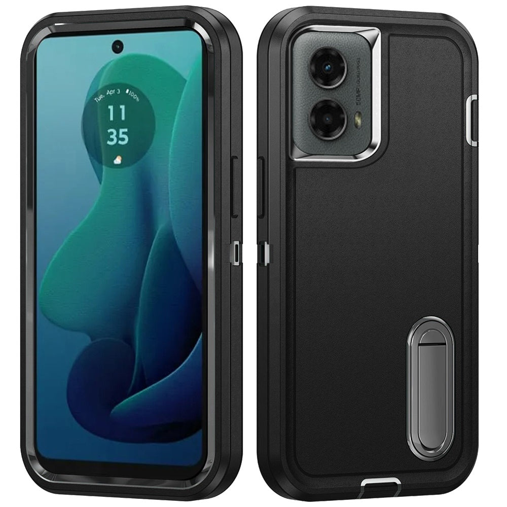 For Apple iPhone 15 Hybrid 3 Layers Hard 3in1 Shockproof with Kickstand Heavy Duty Hard TPU Rubber Anti-Drop Case Cover Black