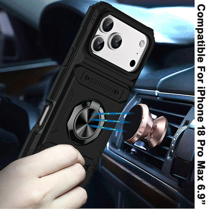 Phone Case for Apple iPhone 18 Pro Max Multi Functional Card Slot Shockproof Metal Ring Hybrid Wallet Rugged Protective Grip Heavy Duty Durable Cover Black