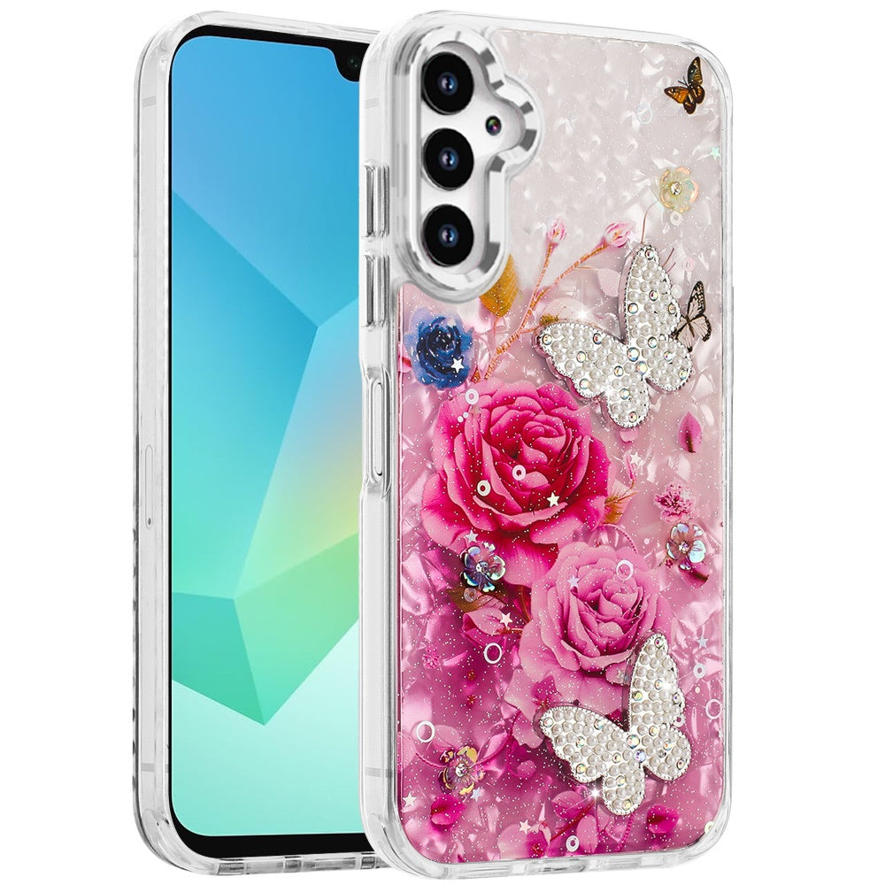 For Samsung Galaxy A17 5G Epoxy Glitter Flowers Bling 3D Butterfly Fashion TPU Hybrid with Shockproof Protection Case Cover
