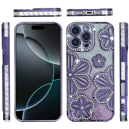 For iPhone 16 Pro Max (6.9") Luxury Flower Design Sparkle Glitter Diamond Rhinestone Shimmer Bling Plating Thick TPU Hard PC Case Cover