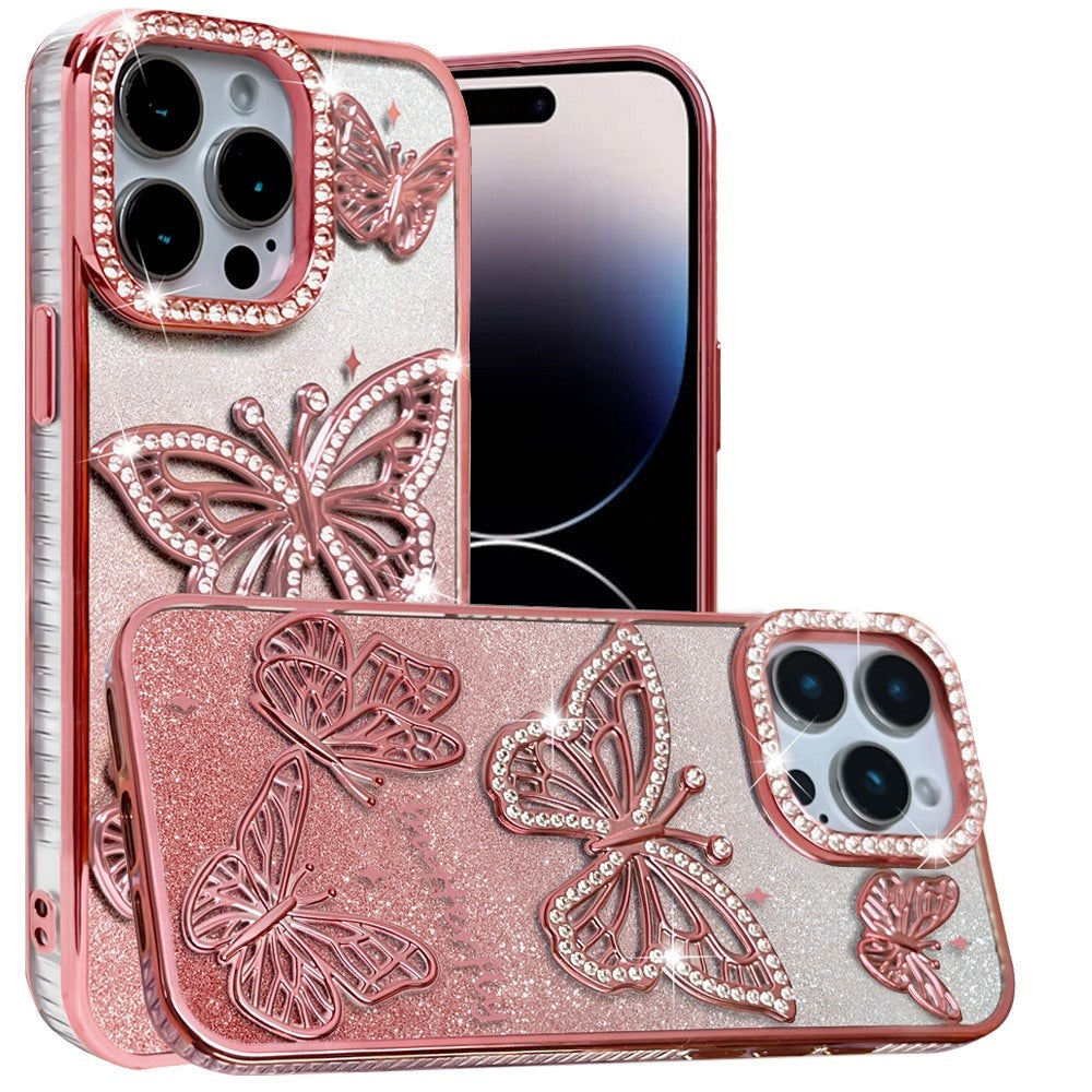Phone Case for iPhone 14 Pro Max Butterfly Freedom Shimmer Glitter Thick TPU Shockproof Anti Slip Durable Protective Design Cover Rose Gold