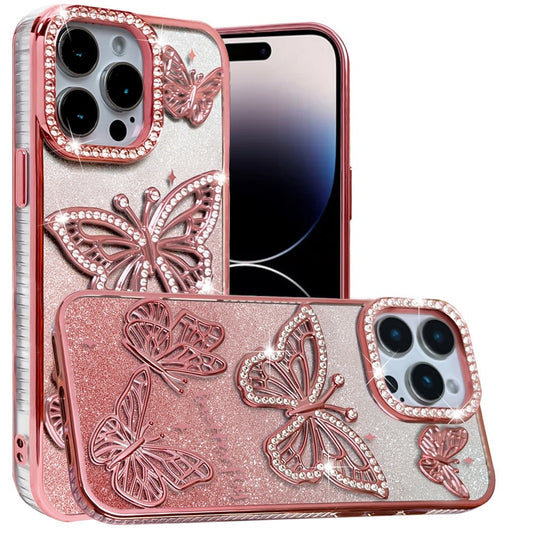 Phone Case for iPhone 14 Pro Max Butterfly Freedom Shimmer Glitter Thick TPU Shockproof Anti Slip Durable Protective Design Cover Rose Gold