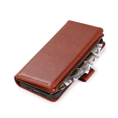 For Apple iPhone 16 Pro Max (6.9") Premium Leather Zipper Wallet with Credit Card Slots Money Pocket Luxury Clutch Pouch Stand & Strap Case Cover Brown