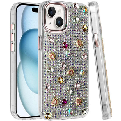 Phone Case for iPhone 15 Chrome Fashion Hybrid Bling Diamond Heart Rhinestone Decorative Stones Sparkling Embellished Design Cover