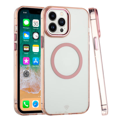 For Apple iPhone 15 Plus Transparent Back Hybrid Case - Magnetic Circle, Color Frame, Metal Buttons, MagSafe Compatible Case Cover Rose Gold