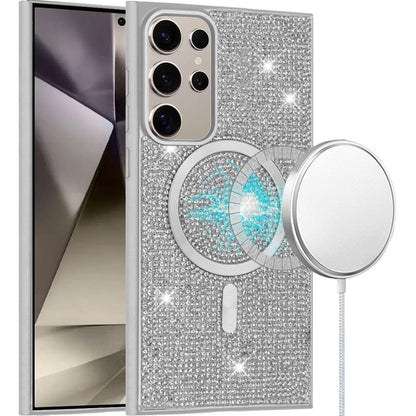 Phone Case for Samsung Galaxy S25 Ultra Magnetic Bling Diamond Sparkle Hybrid Shockproof Rugged Grip Durable Protection Anti-Slip Armor Design Cover White