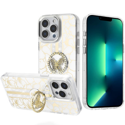 For Apple iPhone 13 Pro Max Floral Design Embedded Glass Diamond Fancy Fashion Glitter Bling Sparkly Hybrid Rugged TPU Bumper Case Cover
