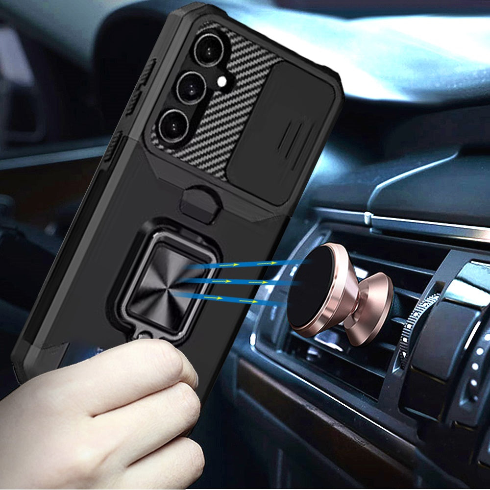 Phone Case for Galaxy A26 5G Card Holder Magnetic Ring Stand Shockproof Anti Slip Wallet Grip Protective Hybrid Design Cover Black