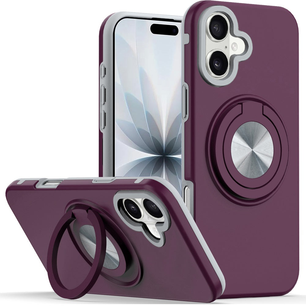 Phone Case for Apple iPhone 17 (6.3") Shockproof Magnetic Ring Stand Rotating CarMount Hybrid Metal Matte Finish AntiSlip Grip Kickstand Cover Red