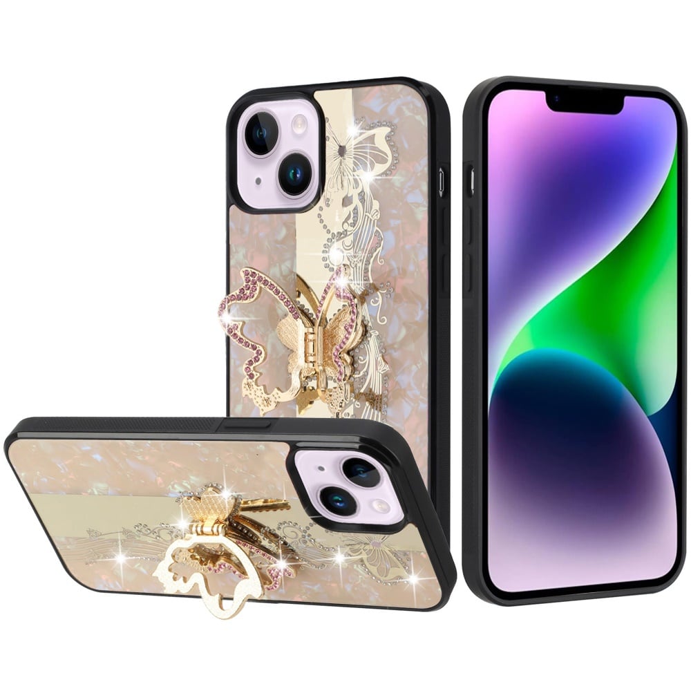 Phone Case for Apple iPhone 14/ iPhone 13 Diamond Glitter Butterfly Engraved Ring Stand Luxury Bling Hybrid Shockproof Chrome Edge Protective Durable Grip Cover Gold