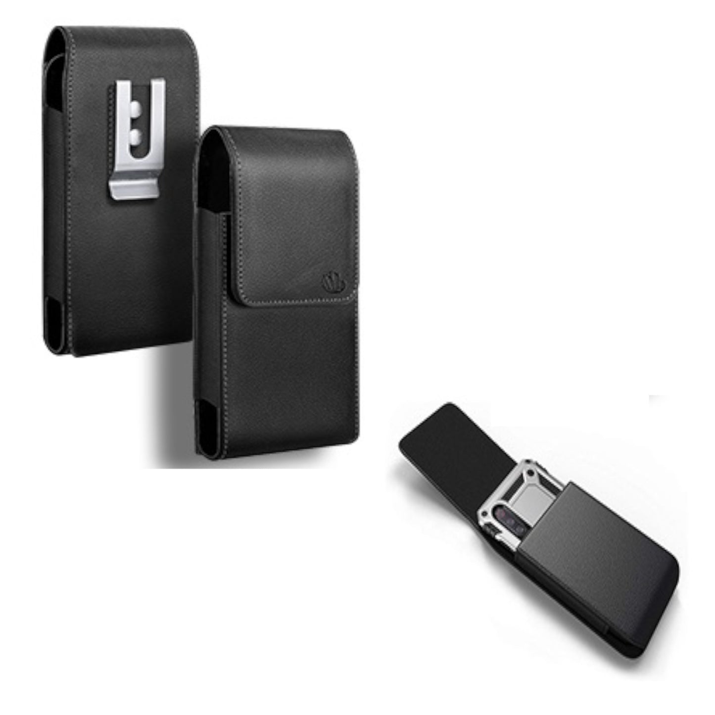 For Apple iPhone 16 Plus (6.7") Universal PU Leather Vertical Phone Pouch Holder Carrying Case [Magnetic Closure] With Fixed Belt Clip Holster Hybrid [Black]