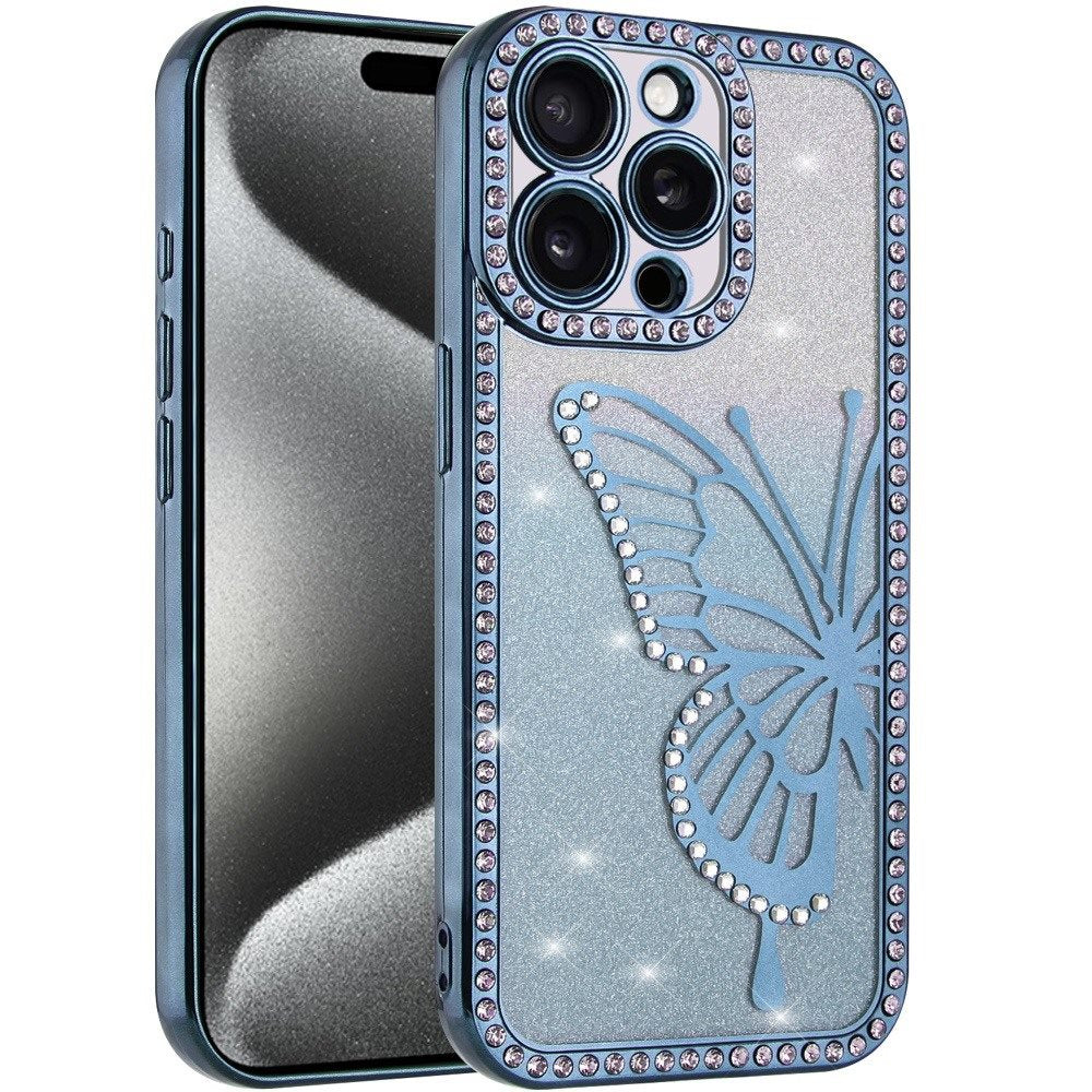 For Apple iPhone 15 Pro Max Butterfly Glitter Diamond Shimmer Hybrid Slim & Stylish Electroplated Sparkly Bling Shockproof TPU Protective Case Cover