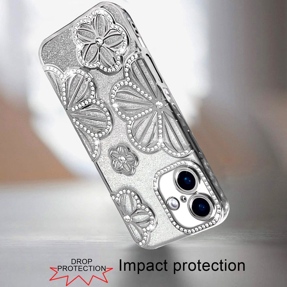 For iPhone 16 (6.1") Luxury Flower Design Sparkle Glitter Diamond Rhinestone Shimmer Bling Plating Thick TPU Hard PC Case Cover