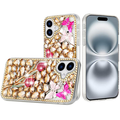For iPhone 16 (6.1") Bling Crystal 3D Full Diamonds Luxury Sparkle Rhinestone Hybrid Protective Case Cover Gold Exquisite Garden