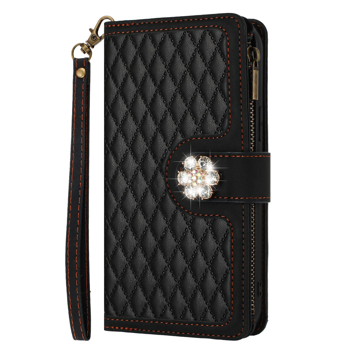 PU Leather Wallet Design Jewel Bling with Credit Card Holder Flip Folio Pouch Zipper Purse Wrist Strap