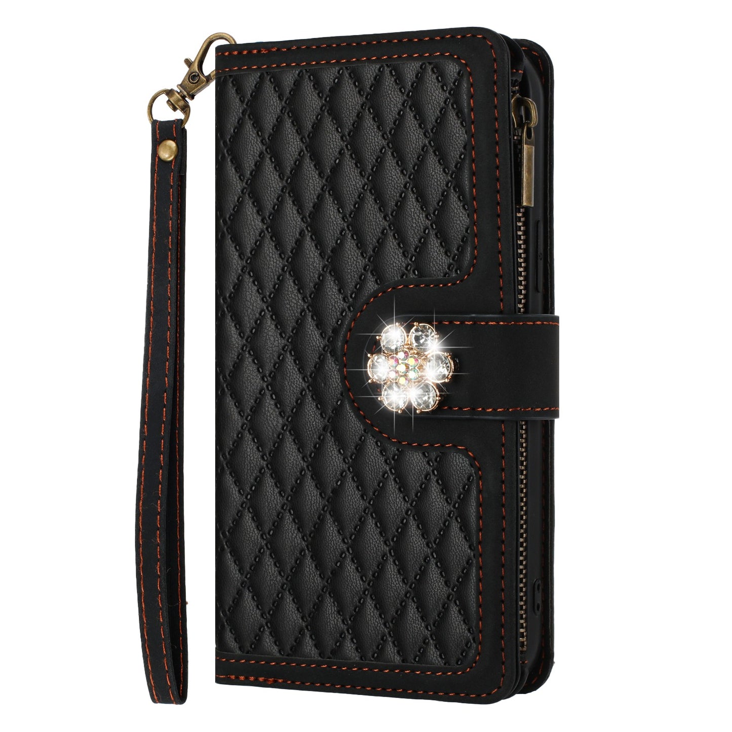 For Apple iPhone 16e (E edition) PU Leather Wallet Design Jewel Bling with Credit Card Holder Flip Folio Pouch Zipper Purse Wrist Strap Case Cover