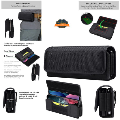 For Apple iPhone 16 Pro (6.3") Universal Dual Horizontal Nylon Case For Two Phone Carrying Pouch Large Cover with Card Storage Pocket & Belt Clip Loop Holster [Black]