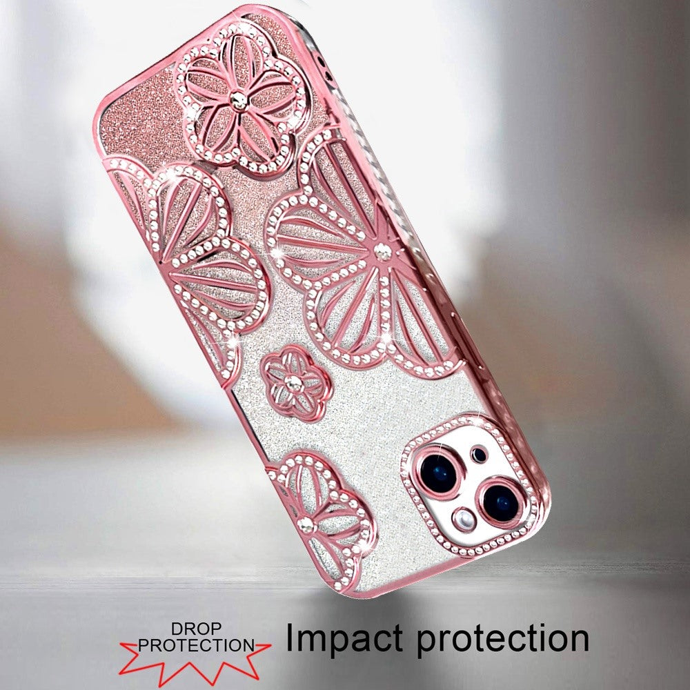 Phone Case for iPhone 15 (6.1") Shimmer Glitter Floral Thick TPU Shockproof Durable Grip Camera Protection Anti-Scratch Stylish Design Cover Rose Gold