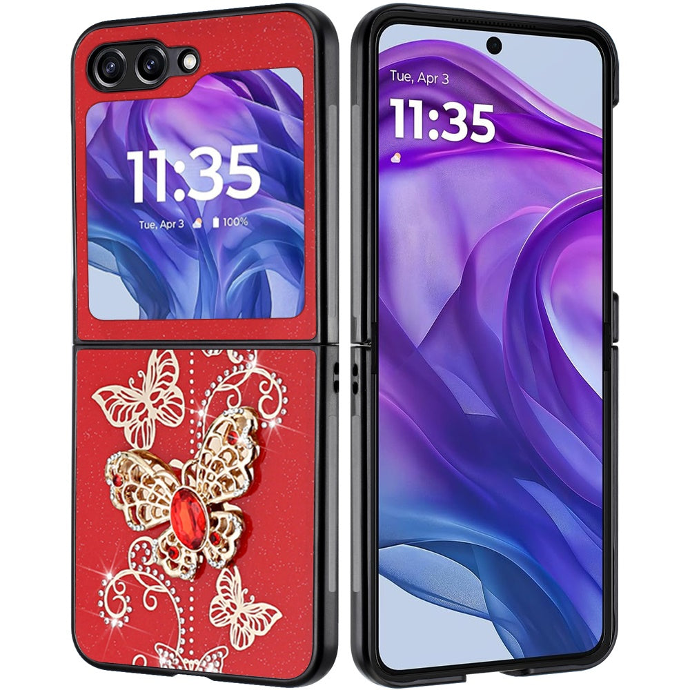 For Samsung Galaxy Z Flip 7 FE Diamonds 3D Butterfly Bling Sparkly Glitter Ornaments Engraving Hybrid Metal Fashion Case Cover Red Garden Butterflies