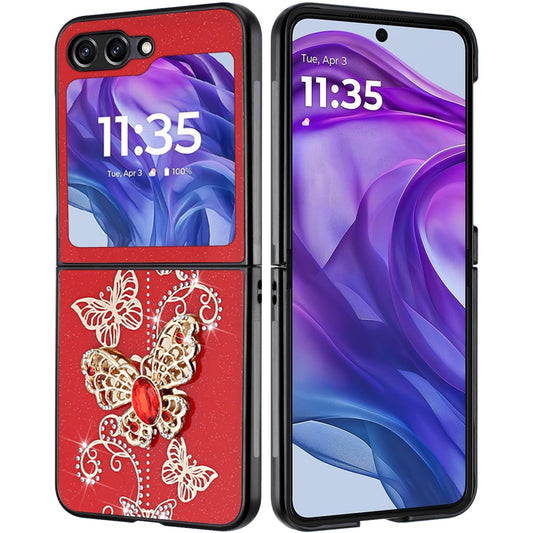 For Samsung Galaxy Z Fold 7 Diamonds 3D Butterfly Bling Sparkly Glitter Ornaments Engraving Hybrid Metal Fashion Case Cover Red Garden Butterflies