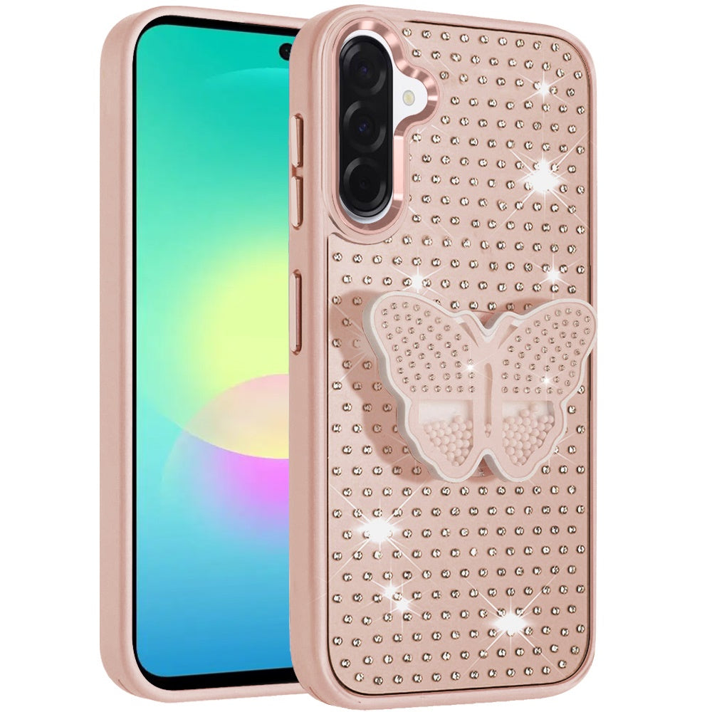 Phone Case for Samsung Galaxy A27 Butterfly Grip Pop Stand Diamond Sparkle Hybrid Shockproof Metal Button Slim Protective Grip Decorative Design Cover