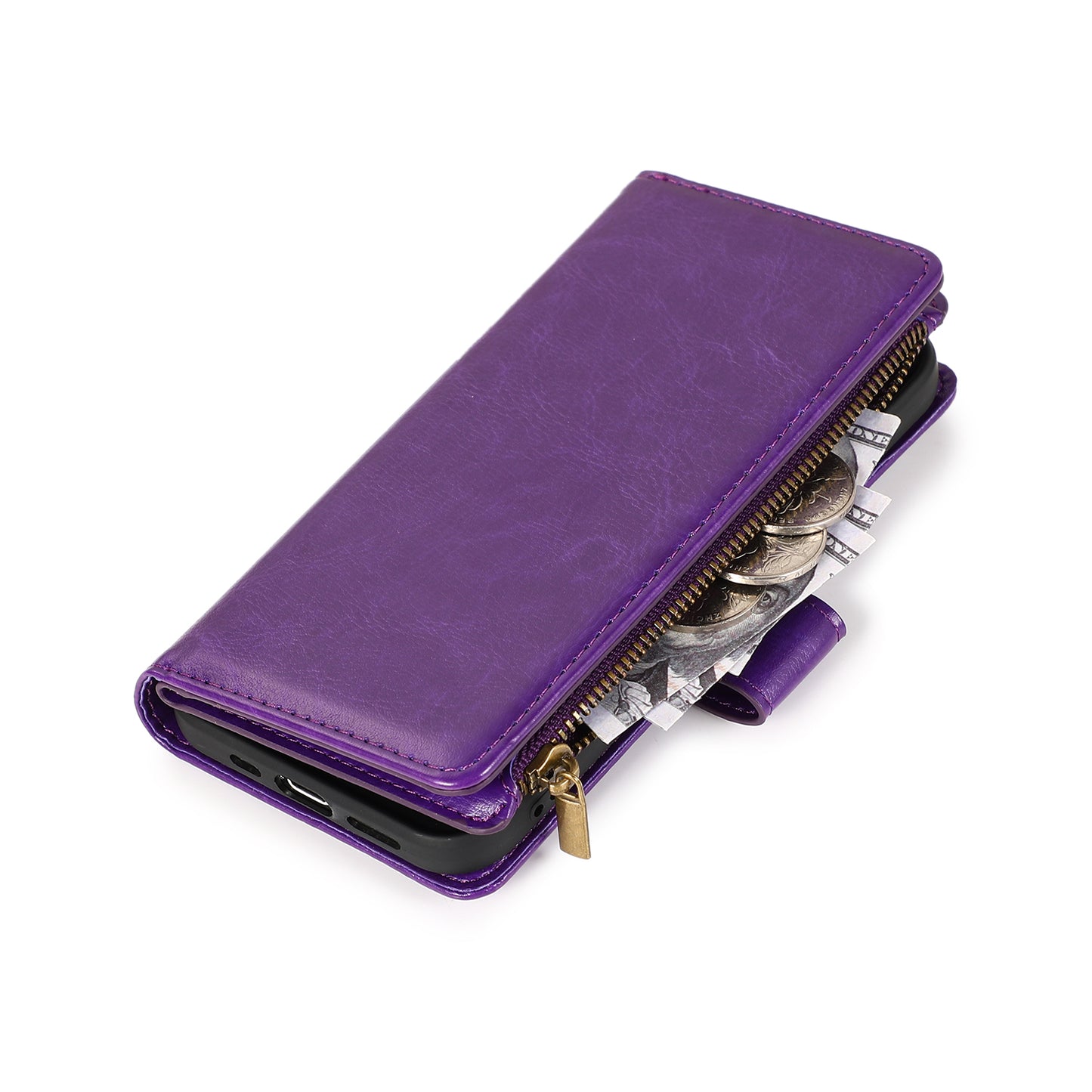 For Apple iPhone 16 Pro Max (6.9") Leather Zipper Wallet Case 9 Credit Card Slots Cash Money Pocket Clutch Pouch Stand & Strap Case Cover Purple