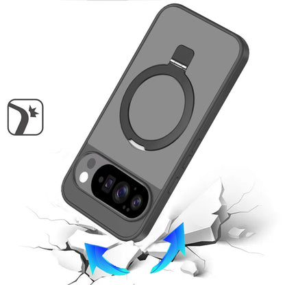For Google Pixel 10 Pro XL Magnetic Circle Back with Ring Stand Full Rotation Matte Hybrid Shockproof Case Cover Black