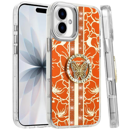 For Apple iPhone 17 (6.3") Diamonds 3D Butterfly Floral Design Bling Sparkly Glitter Hybrid Metal Fashion with Ring Stand Case Cover