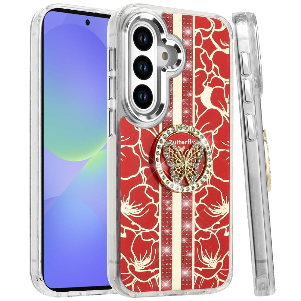 Phone Case for Samsung Galaxy A56 / A36 Floral Butterfly Ring Stand Glitter Bling Shockproof Hybrid Luxury Fashion Protective Anti Slip Durable Grip Cover