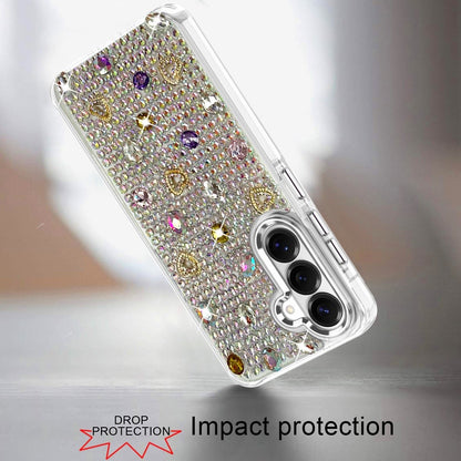 Phone Case for Samsung Galaxy S26 FE /Fan Edition Chrome Fashion Hybrid Bling Diamond Heart Rhinestone Decorative Stones Sparkling Embellished Design Cover Silver