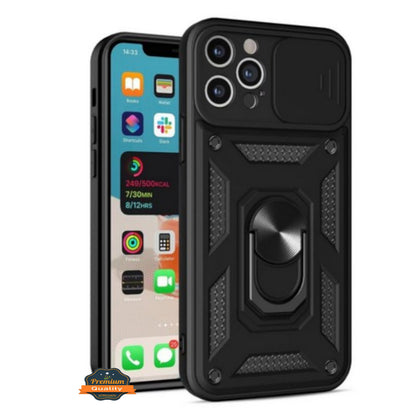For Apple iPhone 16 Pro (6.3") Built in Sliding Camera Lens Protection & Finger Ring Stand Holder Hybrid PC Shockproof Case Cover