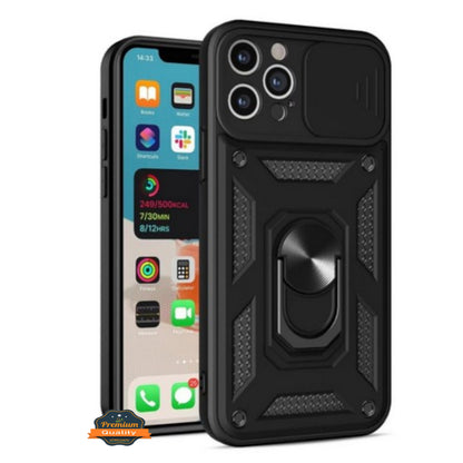 For Apple iPhone 15 Pro (6.1") Built in Sliding Camera Lens Protection & Finger Ring Stand Holder Hybrid Shockproof  Phone Case Cover