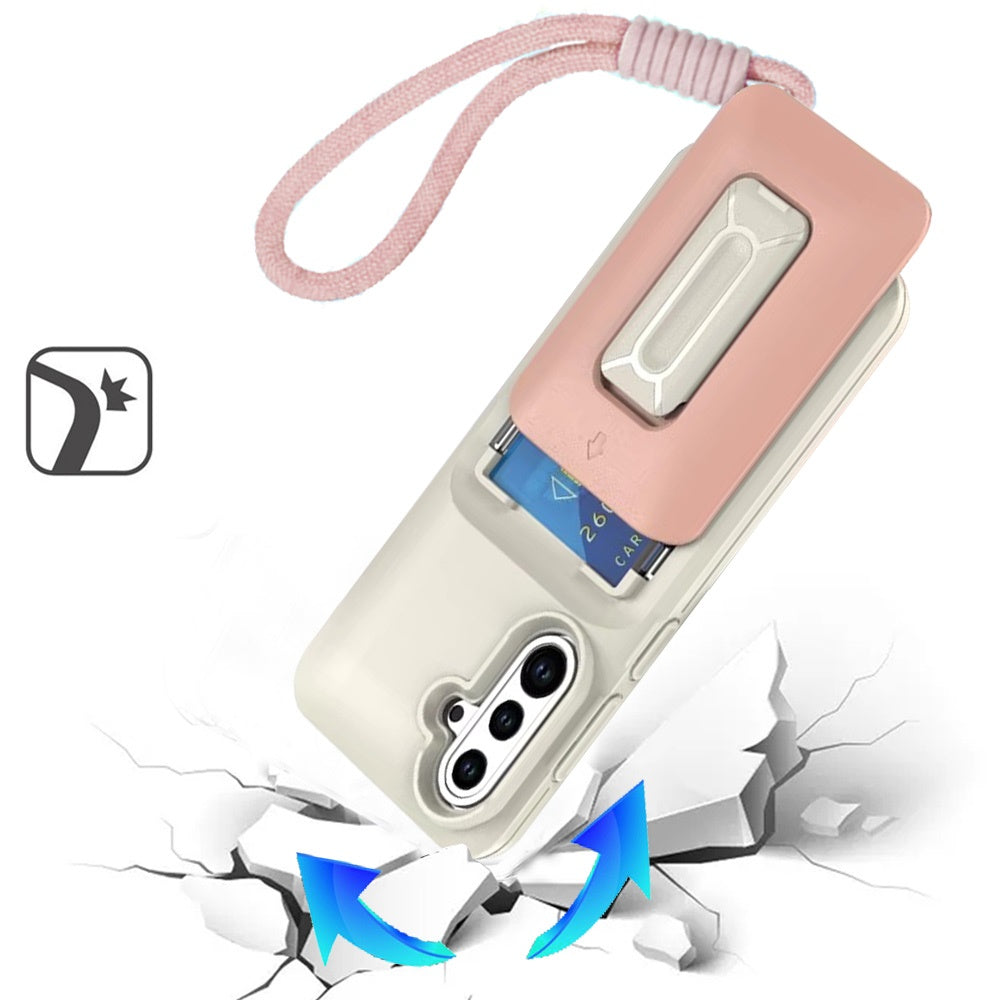 Phone Case for Samsung Galaxy A56 / A36 Credit Card Holder Wallet Shockproof Hybrid Armor Grip with Kickstand & Wrist Strap Protective Dual Card Slot Cover Beige+Light Pink