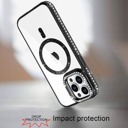 Phone Case for Apple iPhone 15 Pro Max Luxury Diamond Bling Edged Magnetic Glitter Shockproof Hybrid with Camera Kickstand Durable Grip Cover