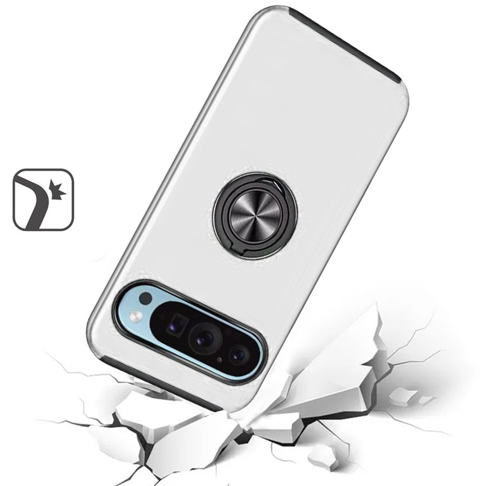 For Google Pixel 9 Pro XL Hybrid 360 Degree Rotatable Metal Invisible Ring Stand Holder Slim Fit Magnetic Car Mount Shockproof Case Cover Silver